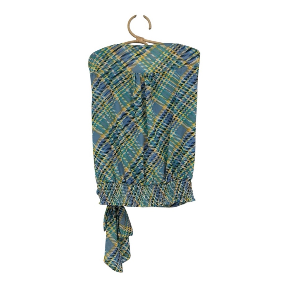 Ramy Brook New York Draped Lt Blue Plaid Cinch Waist Bow Blouse S NWT | $345 - Picture 8 of 16